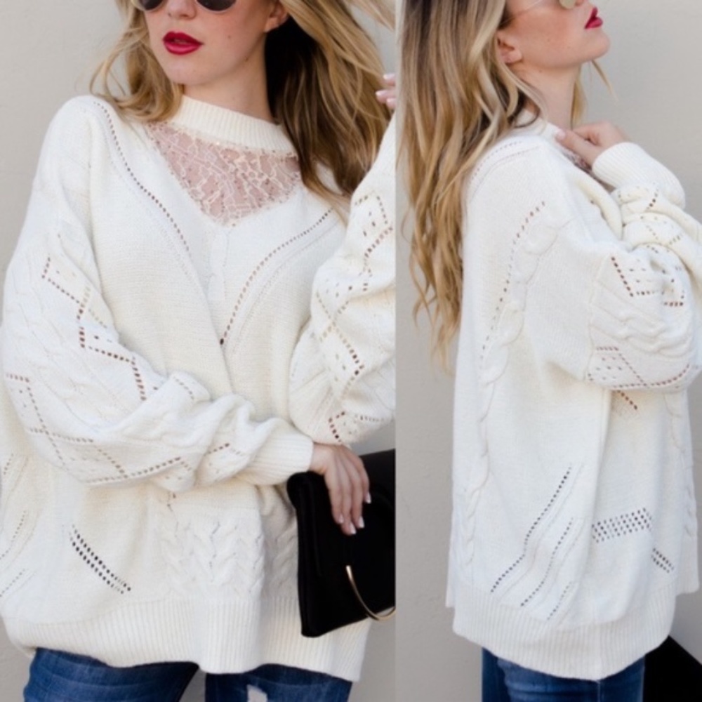Cozy cream lace oversized sweater top Minimalist - Picture 3 of 4